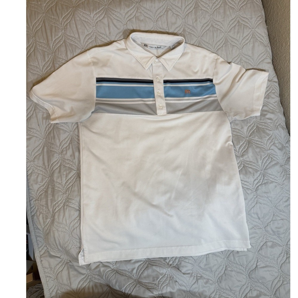 TravisMathew Polo Shirt Mens White Blue Stripe Golf Performance Stretch‎ Medium